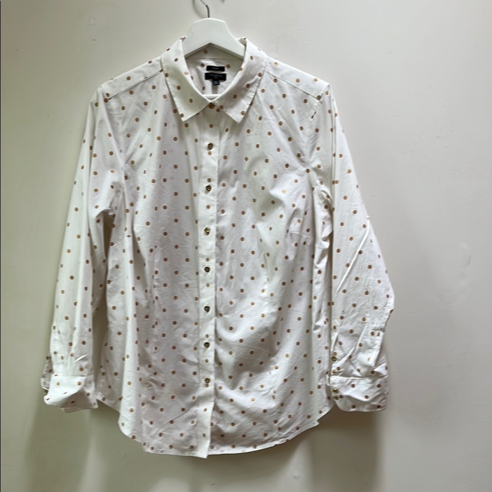 Talbots Women’s 14w white button down with gold buttons and gold polka d…